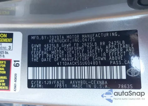 2025 Toyota Camry Le z USA, uszkodzony, nr VIN 4T1DAACK5SU604801